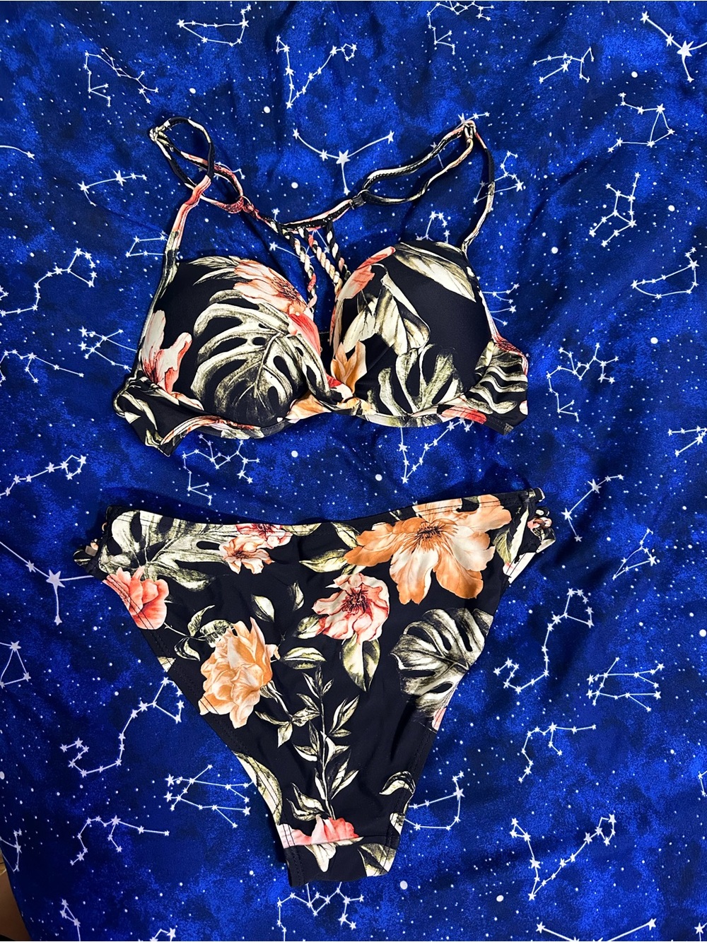 Black Push-Up Bikini Set with Peach Blooms